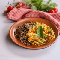 Duo Fit -  Carne Moída com Ovos, Spaguetti De Abobrinha ao Molho Rust. 300gr